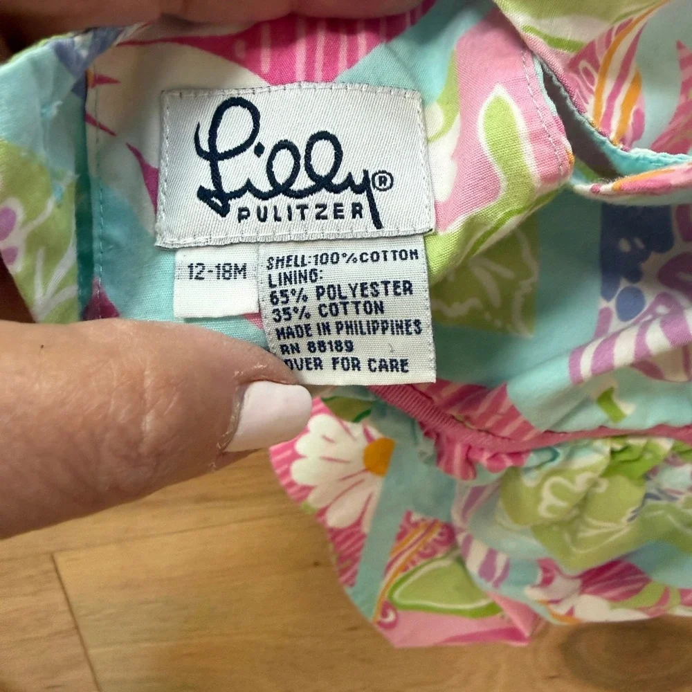 Lilly Pulitzer Patchwork Floral Dress Child 12-18M Pink Blue Scalloped Hem
